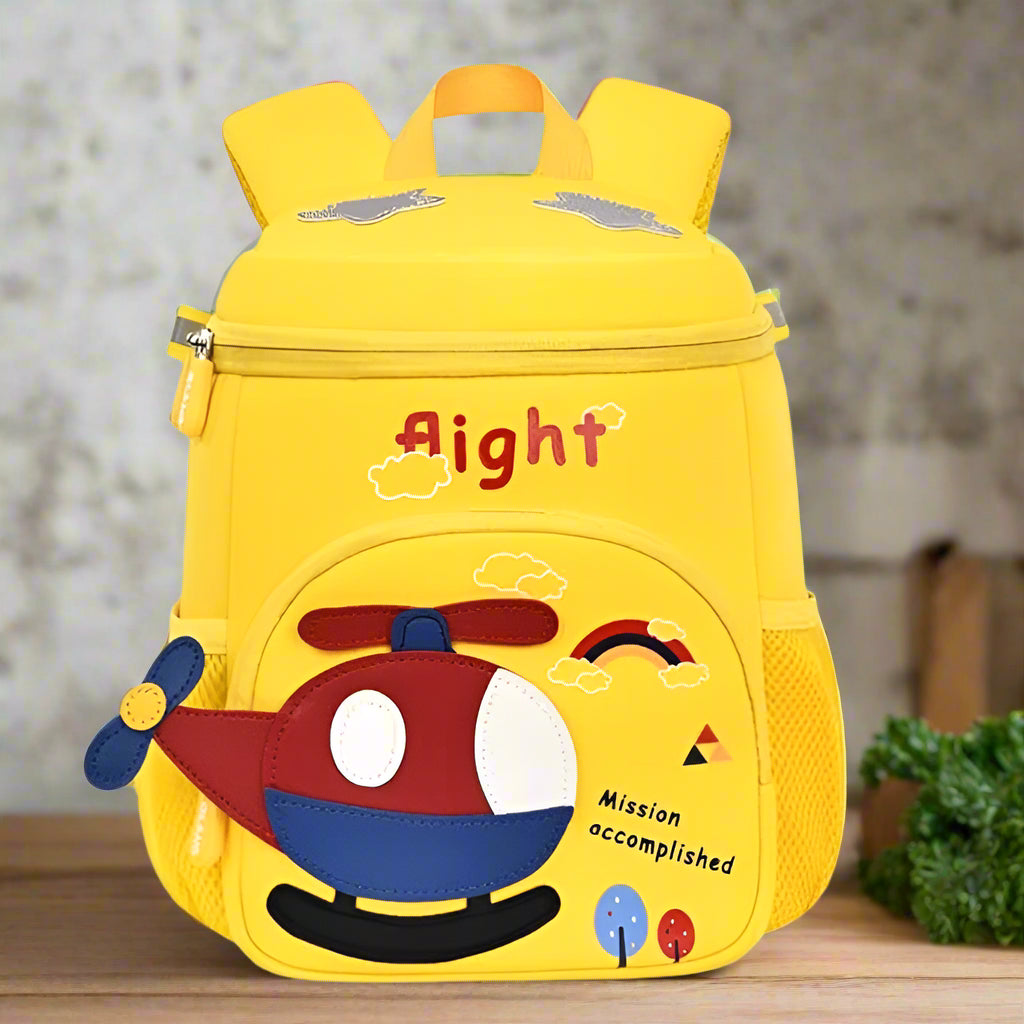 "Usmile Toys cute yellow children's bag featuring a prominent red, white, and blue helicopter design on the front pocket, suitable for baby boys and girls. www.usmile.toys